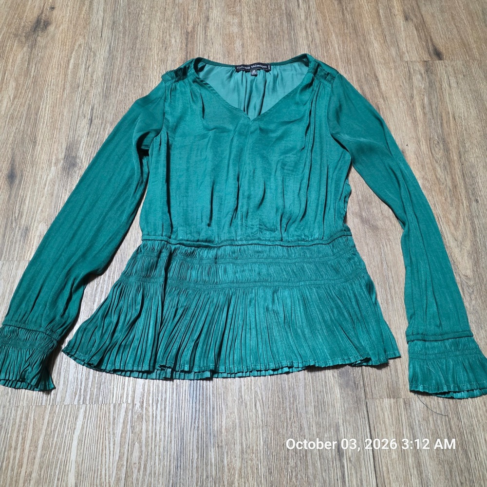 Catherine Malandrino Petite Green Smocked Peplum Blouse V-Neck Long Sleeve PS